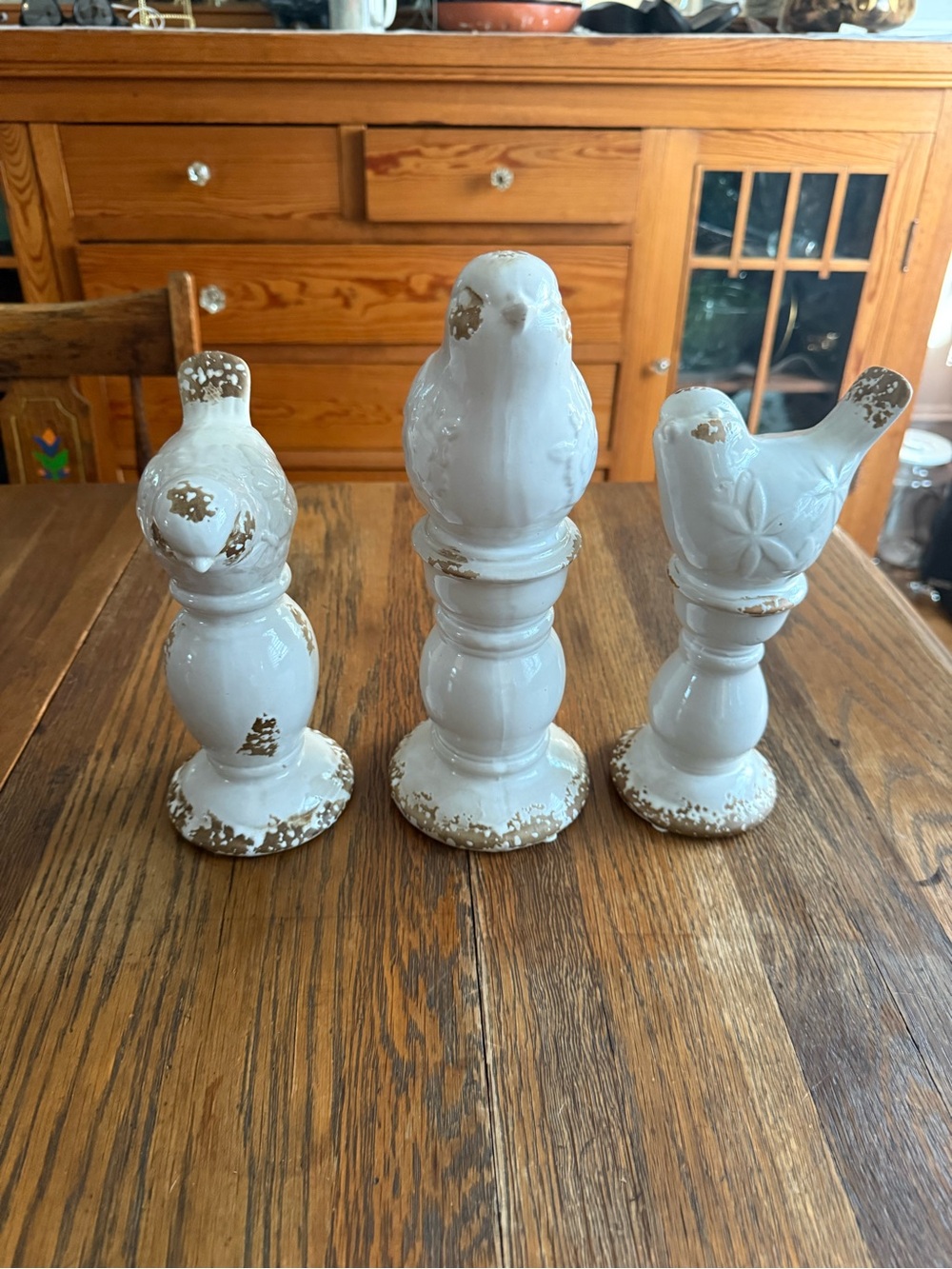 Set of 3 Rustic Ceramic Birds on Pedestals